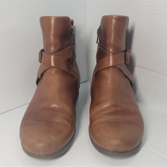 Ecco Felicia Cross Side Buckle Leather Wedge Brown Ankle Booties Size 39/ 8-8.5 - Picture 7 of 14